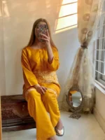 2 Pcs Women's Stitched Arabic Lawn Embroidered Shirt And Trouser 3