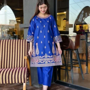 2 Pcs Women's Stitched Cotton Embroidered Shirt And Trouser Blue 2