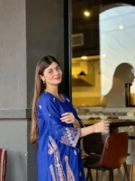 2 Pcs Women's Stitched Cotton Embroidered Shirt And Trouser Blue 3
