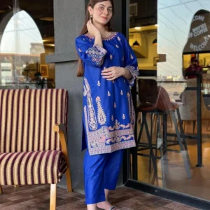 2 Pcs Women's Stitched Cotton Embroidered Shirt And Trouser Blue