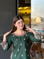2 Pcs Women's Stitched Cotton Embroidered Shirt And Trouser Green 2