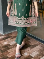 2 Pcs Women's Stitched Cotton Embroidered Shirt And Trouser Green 3