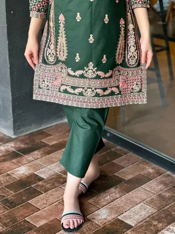 2 Pcs Women's Stitched Cotton Embroidered Shirt And Trouser Green 3