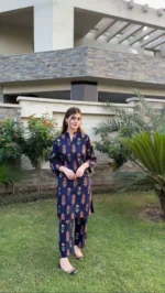 2 Pcs Women's Stitched Linen Printed Shirt And Trouser DARK