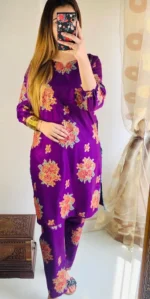 2 Pcs Women's Stitched Linen Printed Shirt And Trouser Purple