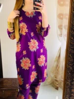 2 Pcs Women's Stitched Linen Printed Shirt And Trouser Purple 3