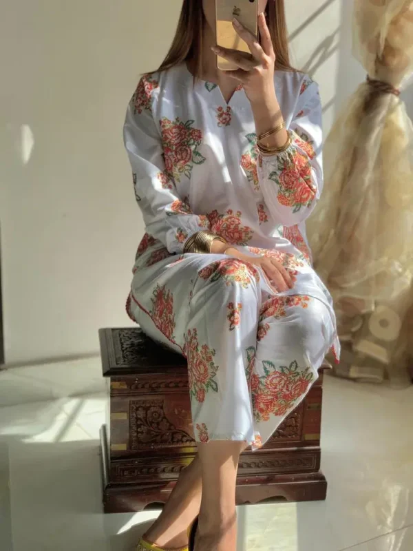 2 Pcs Women's Stitched Linen Printed Shirt And Trouser White 2