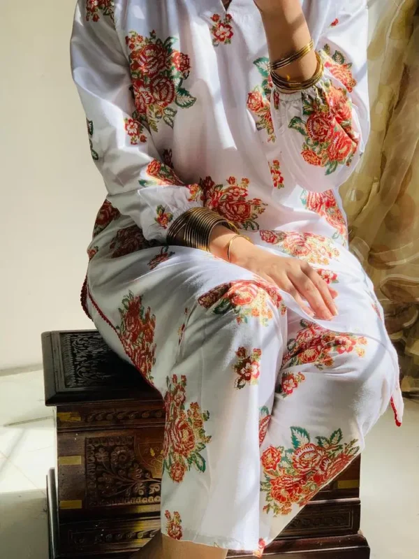 2 Pcs Women's Stitched Linen Printed Shirt And Trouser White 3