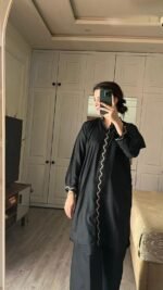 2 Piece Women’s Stitched Arabic Linen Plain Black 3
