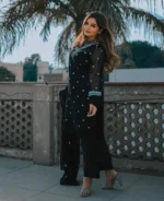 3 Pcs Women's Stitched Chiffon Printed Suit Black