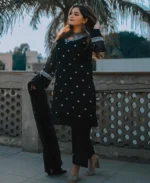 3 Pcs Women's Stitched Chiffon Printed Suit Black 2